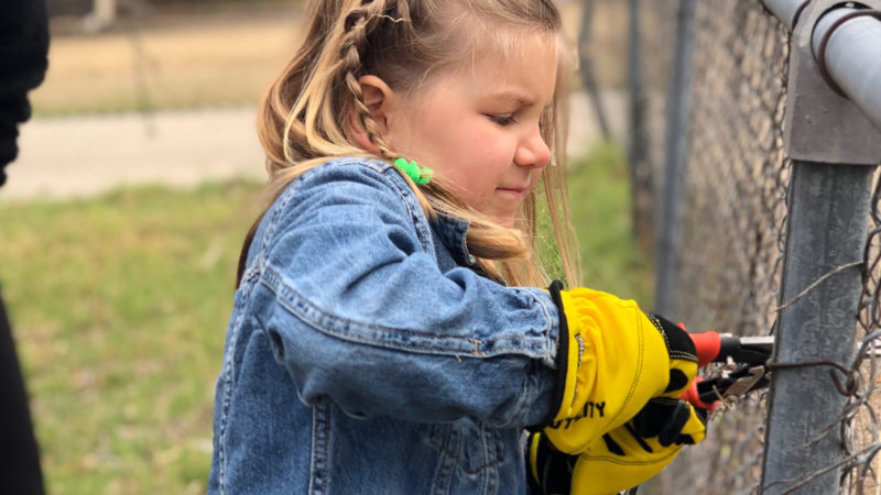little girl doing yard work
